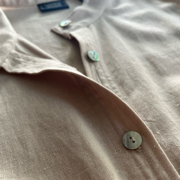 Ecru Linen Button Down, Collarless with Mother of Pearl Shell Buttons - Picture 2 of 9